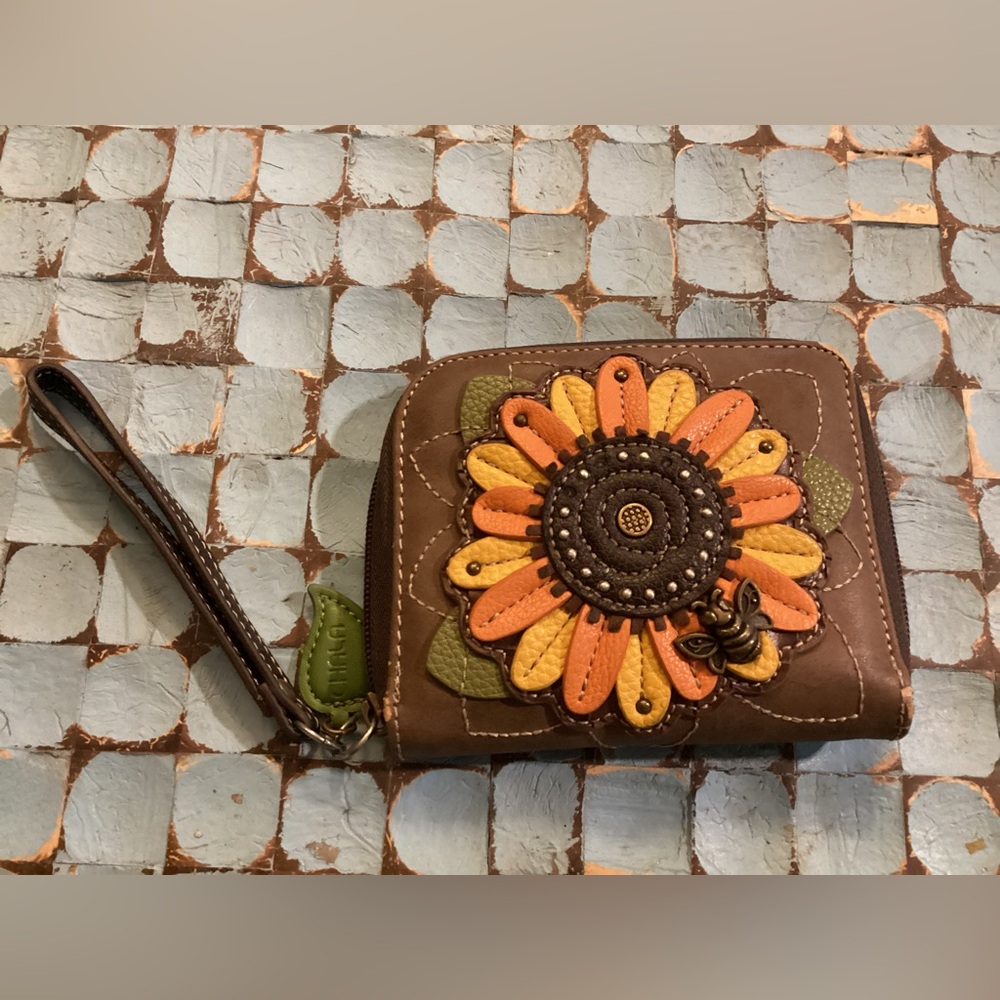 Chala Sunflower Leather Zip Around Wristlet Clutch